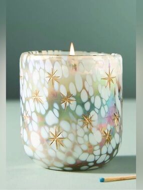 Anthropologie Festive Woody Winter Woods & Vanilla Gilded Glass Jar Candle